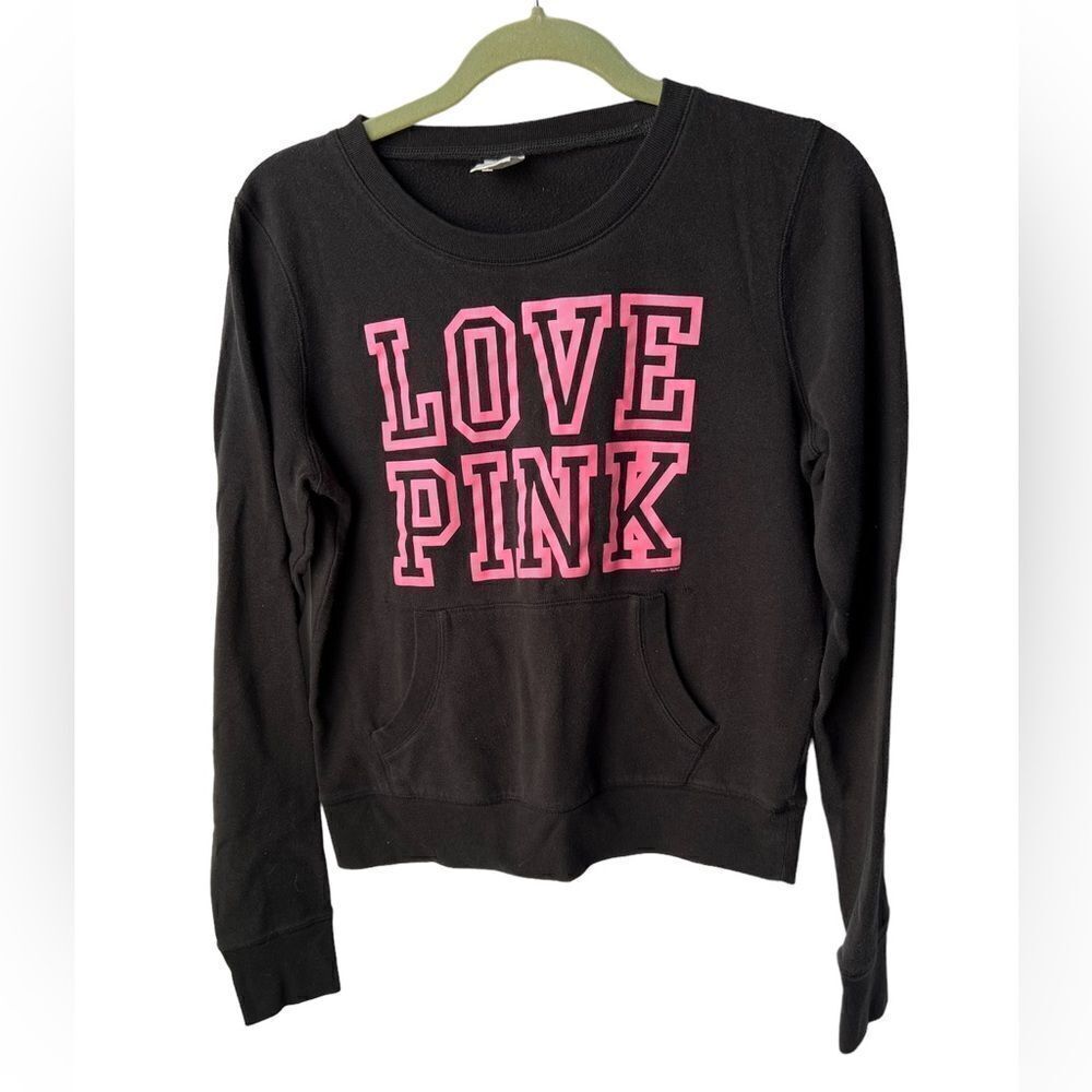 PINK Victoria’s Secret Black Crew Neck Sweater w/ Neon Pink Lettering Size M